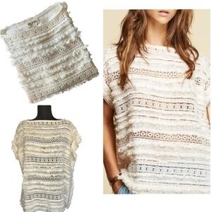 PEPIN NWT Ivory Fringe Crochet Short Sleeve Top